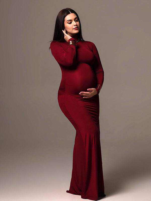 Momyknows Wine Red High Neck Trumpet Maternity Photoshoot Maxi Dress