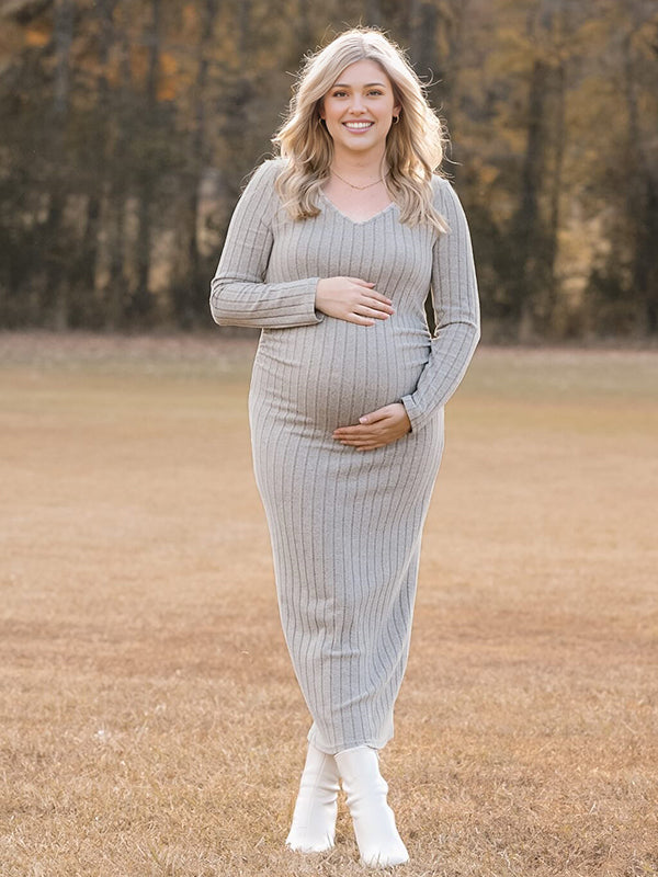 Momyknows Grey Thread V-Back Crochet Maternity Photoshoot Sweater Maxi Dress