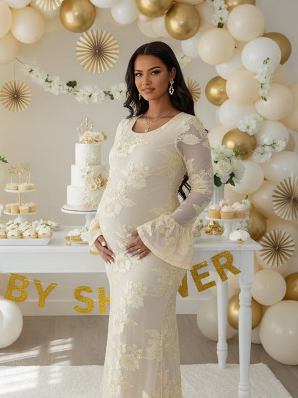 Momyknows Mesh Embroidery Floral Ruffle Bodycon Maternity Maxi Dress Beige / L Momyknows Mesh Embroidery Floral Ruffle Bodycon Maternity Maxi Dress Beige / L