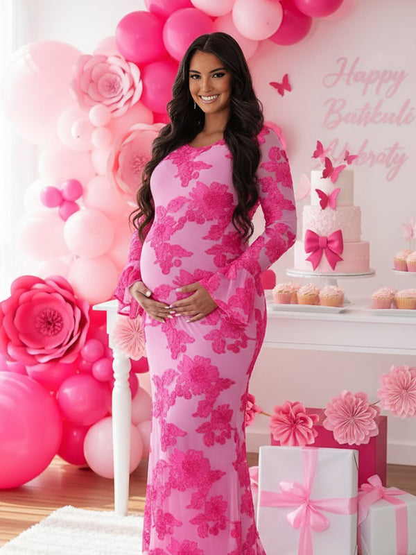 Momyknows Mesh Embroidery Floral Ruffle Bodycon Maternity Maxi Dress Rose Carmine / S Momyknows Mesh Embroidery Floral Ruffle Bodycon Maternity Maxi Dress Rose Carmine / S
