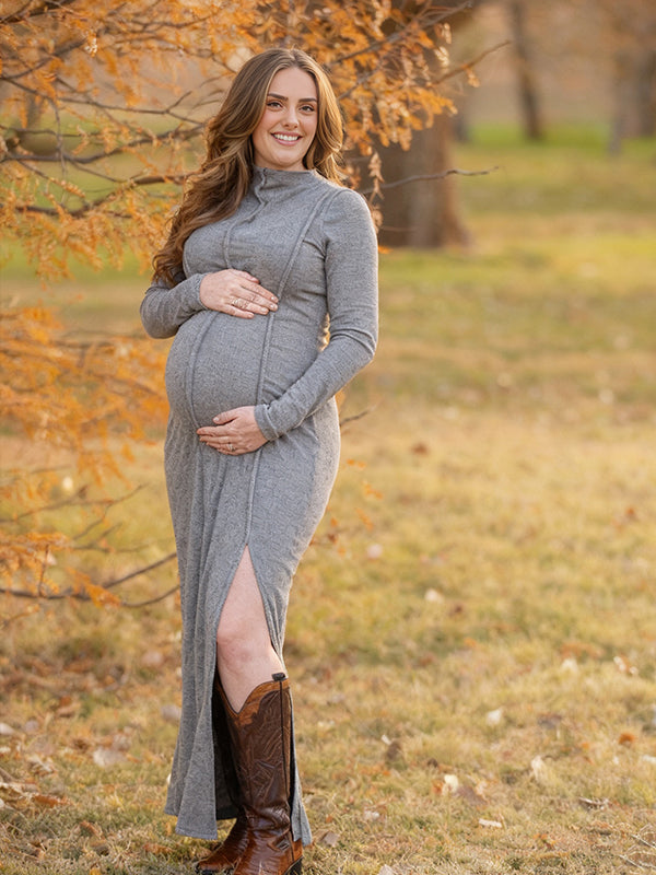 Momyknows Half-turtle Neck Trench strip Side Slit Maternity Photoshoot Maxi Dress