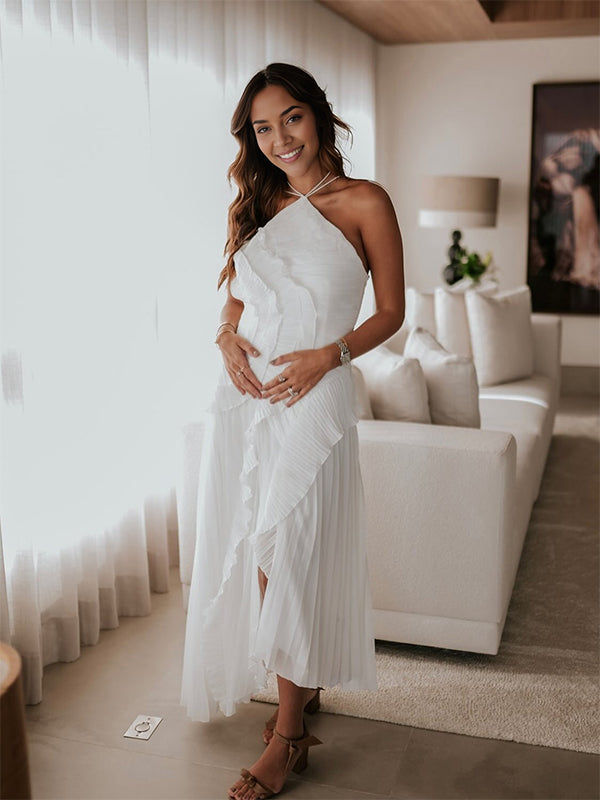 Momyknows White Pleated Frill Irregular Halter Neck Cami Maternity Maxi Dress