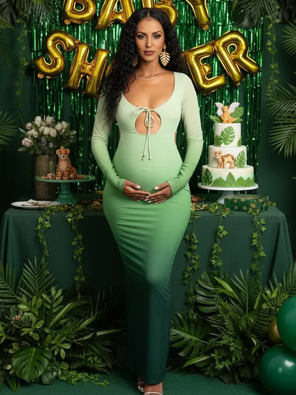 Momyknows Gradient Color Cut Out Lace-Up Backless Chic Maternity Maxi Dress