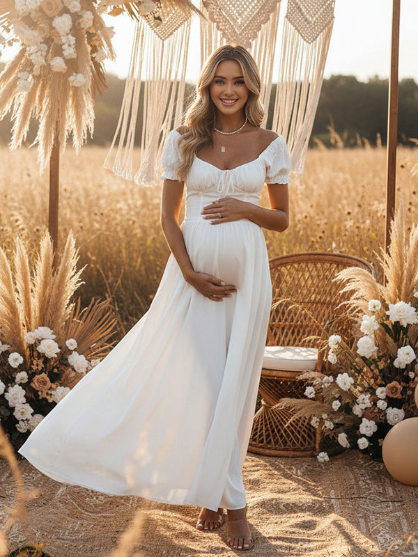 Momyknows Ruffle Ruched Lace-Up Big Swing Boho Maternity Maxi Dress