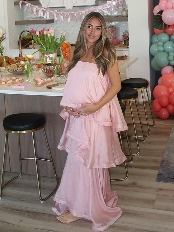 Momyknows Pink Flared Tiered Ruffle Cami Big Swing Maternity Maxi Dress