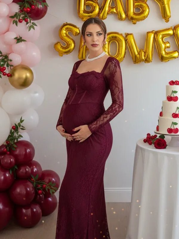 Momyknows Lace Ruffle Back Slit Square Neck Bodycon Maternity Maxi Dress, Wine Red / M