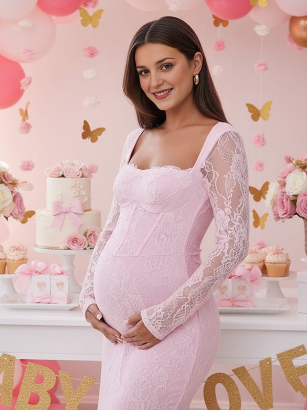 Momyknows Lace Ruffle Back Slit Square Neck Bodycon Maternity Maxi Dress, Pink / 2XL
