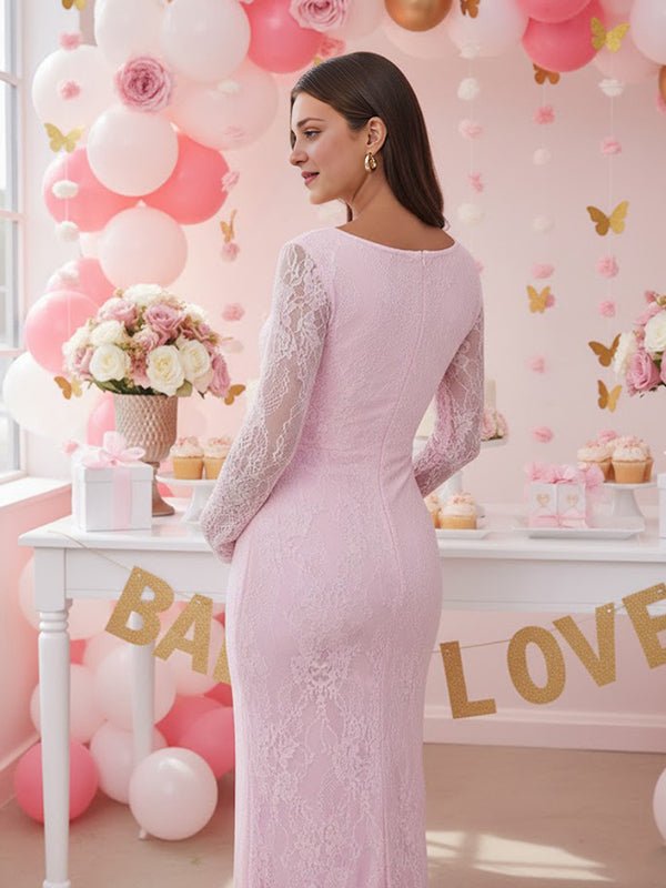 Momyknows Lace Ruffle Back Slit Square Neck Bodycon Maternity Maxi Dress, Pink / 2XL