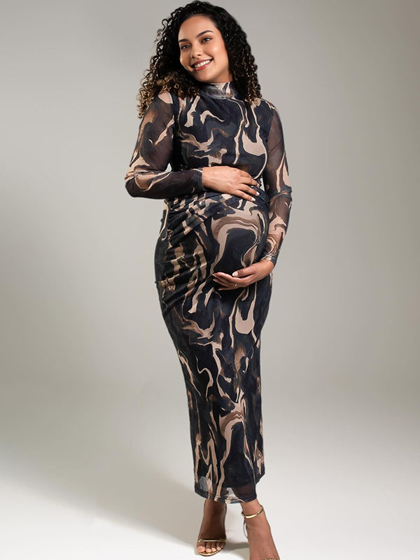 Momyknows Print Ruched Sheer Grenadine Maternity Photoshoot Maxi Dress