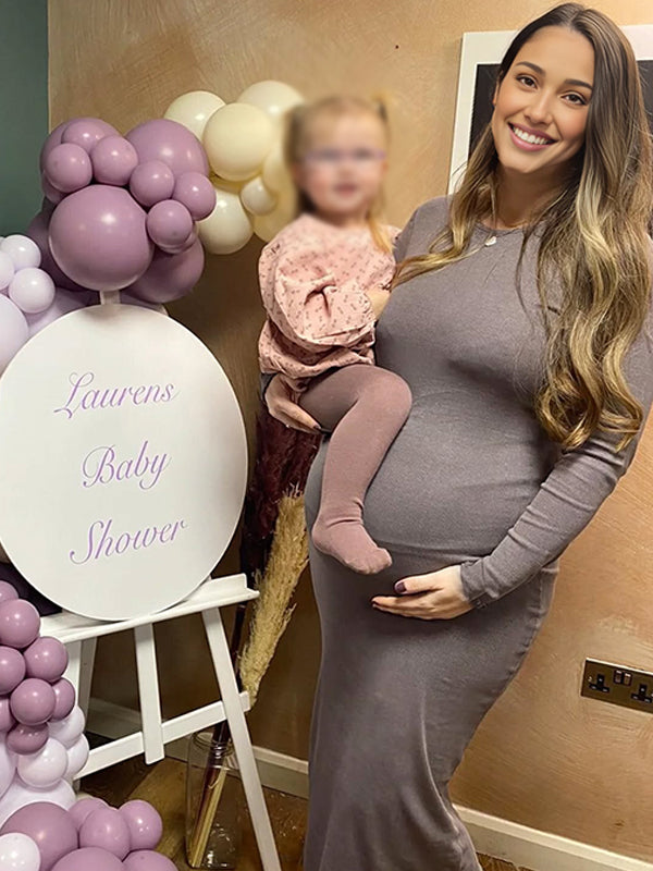 Momyknows Grey Round Neck Crochet Maternity Baby Shower Sweater Maxi Dress