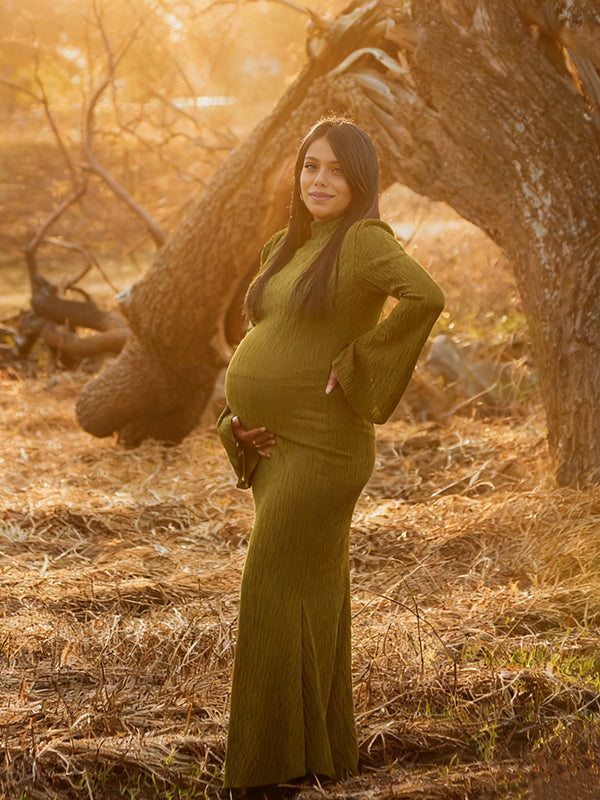 Momyknows Green Smocked Flare Sleeve Maternity Photoshoot Maxi Dress