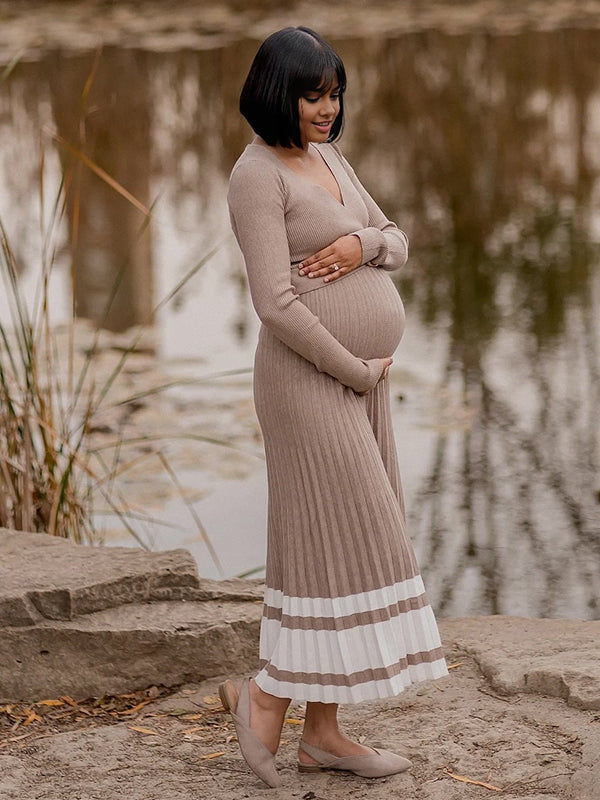 Momyknows Cross Chest Pleated Crochet Maternity Photoshoot Sweater Maxi Dress