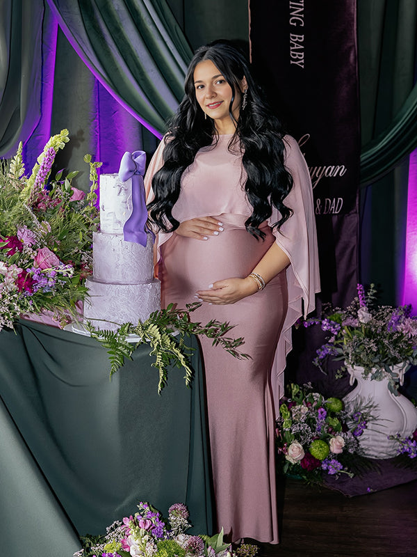 Momyknows Pink Mesh Big Swing Cape Lace-up Maternity Baby Shower Maxi Dress