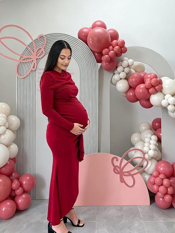 Momyknows Wine Red Side Slit Back strap Maternity Baby Shower Maxi Dress