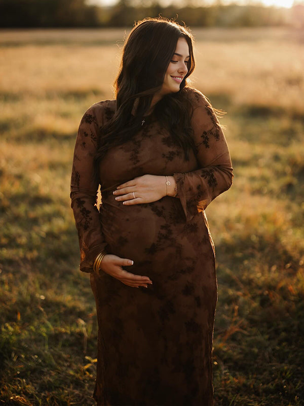 Momyknows Dark Brown Printed Mesh Ruffle Ruched Boho Maternity Maxi Dress