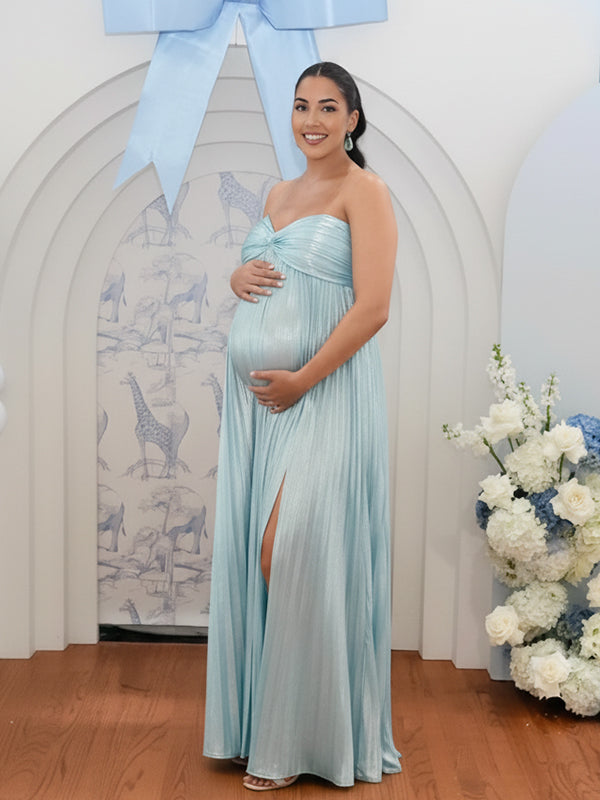 Momyknows Metallic Color Pleated Bandeau Cross Chest Side Slit Big Swing Maternity Maxi Dress