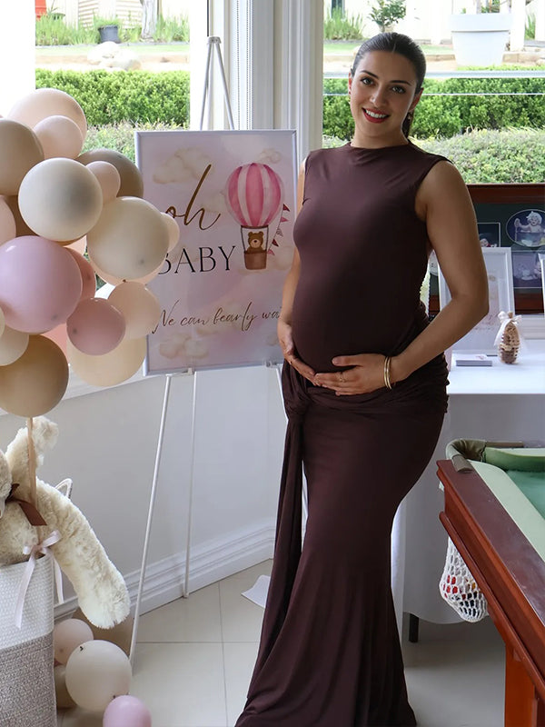 Momyknows Ruched Ruffle Draped Backless Mermaid Maternity Maxi Dress