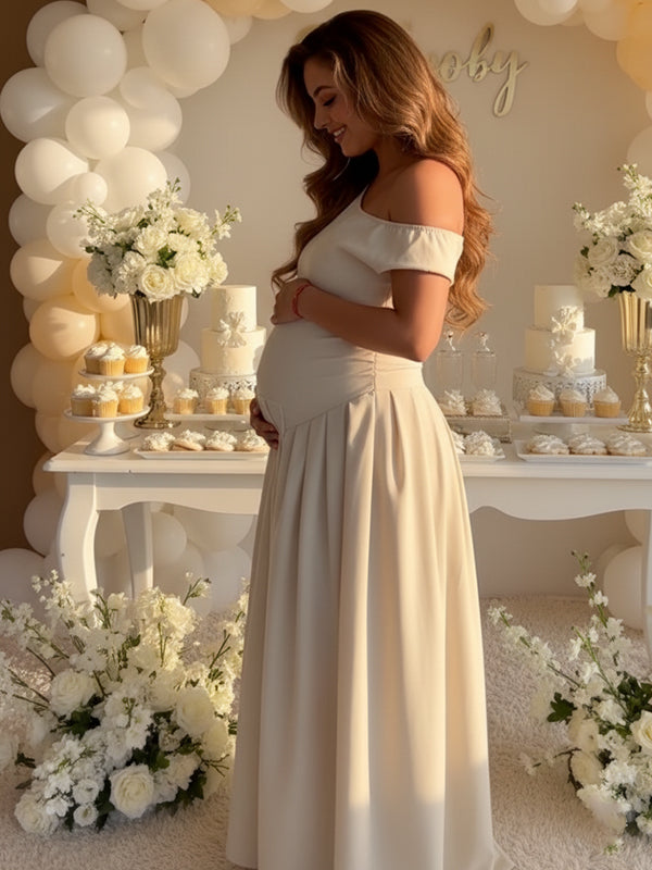 Momyknows Khaki One Shoulder Irregular Pleated Big Swing Maternity Maxi Dress