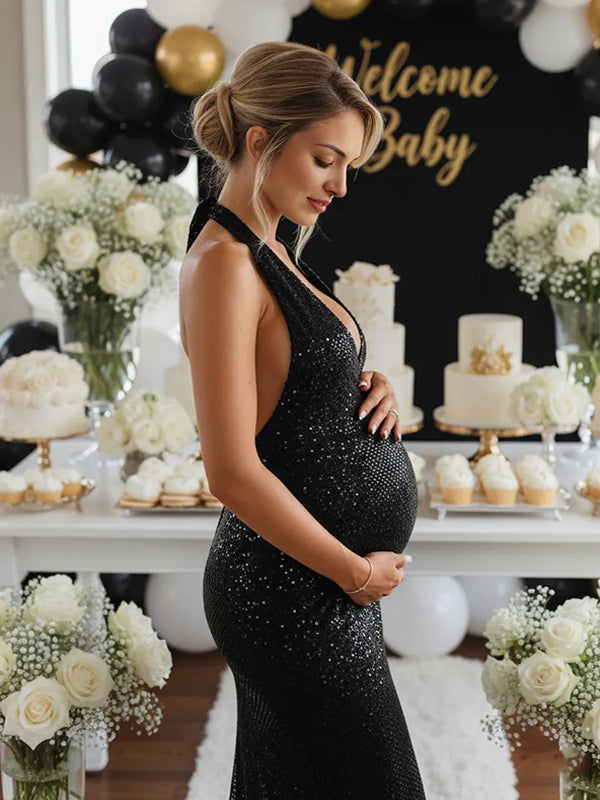 Momyknows Glitter Sequin Ruched Backless Halter Neck Bodycon Maternity Maxi Dress Golden / S Momyknows Glitter Sequin Ruched Backless Halter Neck Bodycon Maternity Maxi Dress Golden / S
