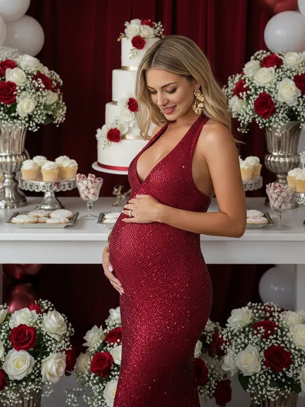 bodycon maternity dress Ivory Round Neck Ribbed Knit Midi PinkBlush This must have Black bodycon dress you need to own Momyknows Glitter Sequin Ruched Backless