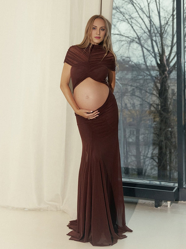 Momyknows Brown Mesh Ruched Cut Out Cape Sleeve Big Swing Maternity Maxi Dress