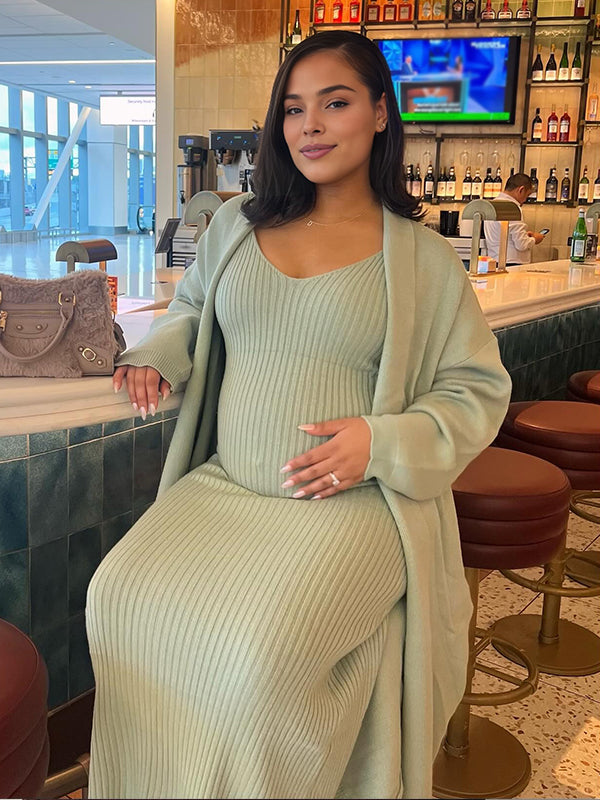 Momyknows Knit Tank Bodycon Maxi Dress And Cardigan Two Piece Set Maternity Outfit