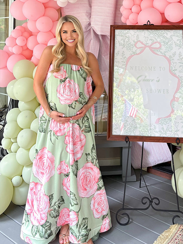 Momyknows Green Floran Grenadine Strapless Big Swing Maternity Maxi Dress