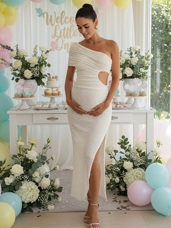 Momyknows Textured Irregular One Shoulder Ruched Cut Out Side Slit Backless Maternity Maxi Dress