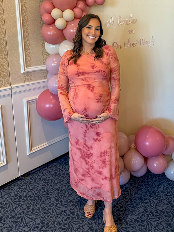 Momyknows Pink Printed Mesh Ruffle Ruched Elegant Maternity Maxi Dress