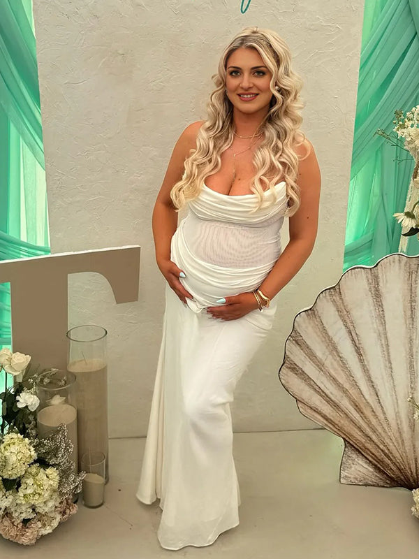 Momyknows Mesh Bandeau Bodice Ruched Backless Scarf Maternity Maxi Dress