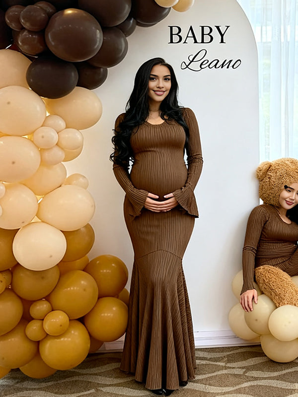 Momyknows Lace-up Striped Flare Sleeve Maternity Baby Shower Maxi Dress