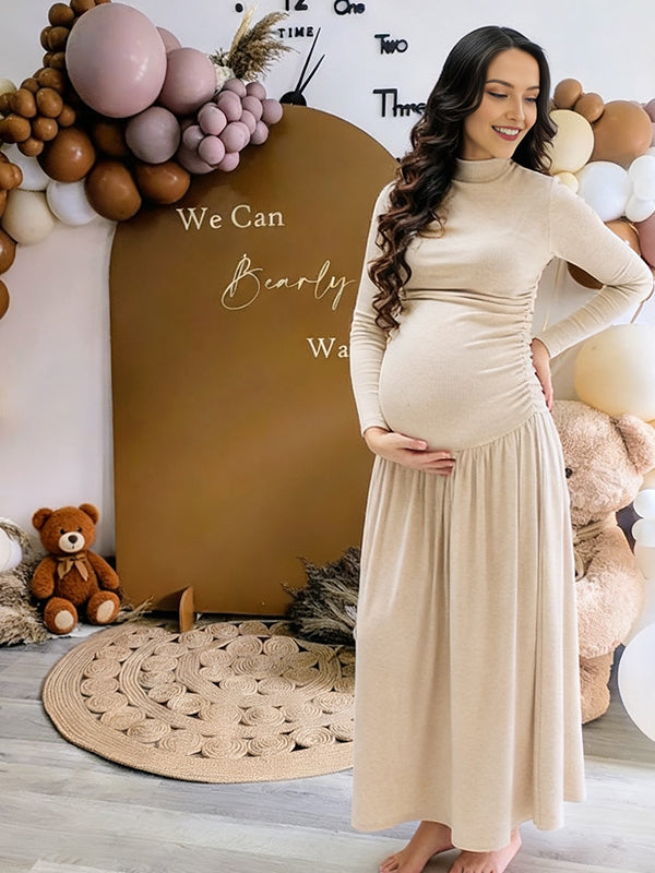 Momyknows Apricot Ruched Pocket Maternity Baby Shower Maxi Dress