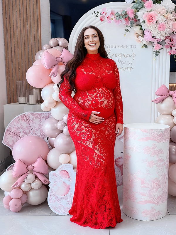 Momyknows Red Lace Splicing Maternity Baby Shower Maxi Dress