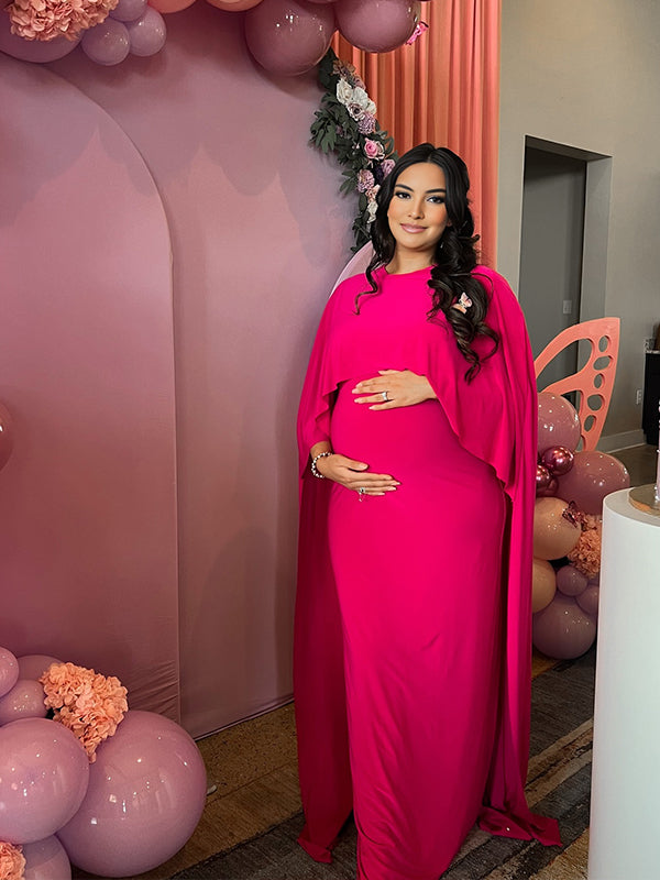 Momyknows Rose Carmine Cape Grenadine Maternity Baby Shower Maxi Dress