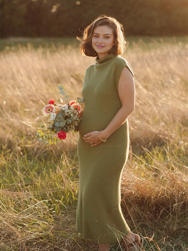 Momyknows Green High Neck Shoulder Pads Crochet Maternity Photoshoot Sweater Maxi Dress