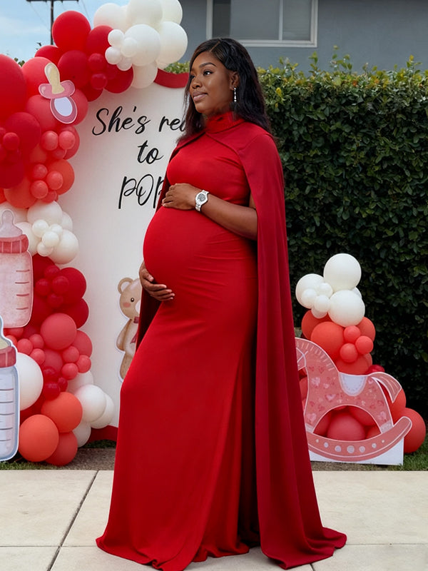 Momyknows High Neck Spliced Cape Plus Size Maternity Baby Shower Maxi Dress