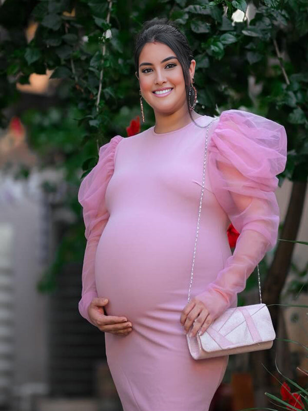 Momyknows Pink Spliced Grenadine Zipper Maternity Photoshoot Maxi Dress
