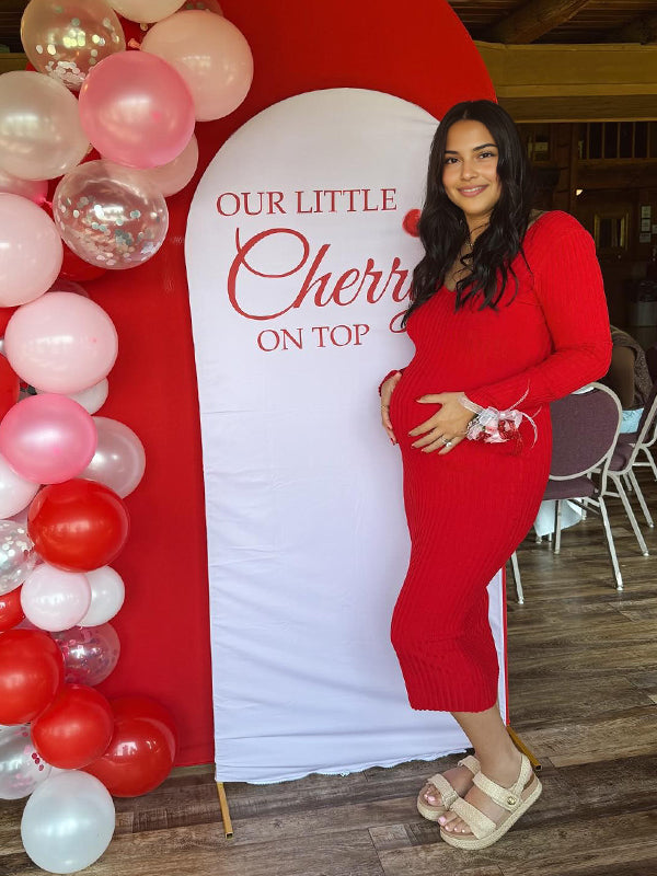 Momyknows Red Off Shoulder Crochet Maternity Baby Shower Sweater Maxi Dress