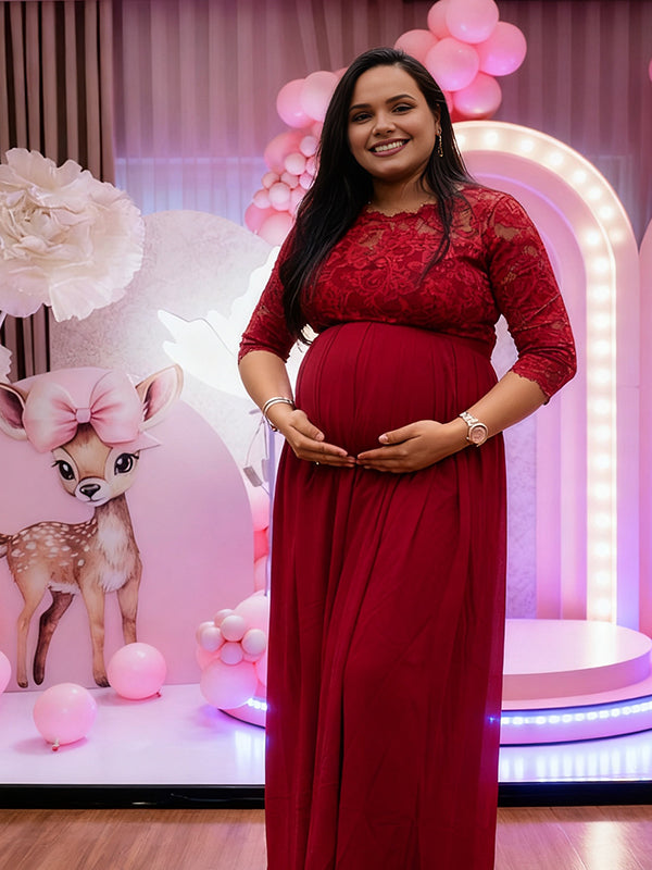 Momyknows Lace Spliced Zipper Ruched Maternity Baby Shower Maxi Dress