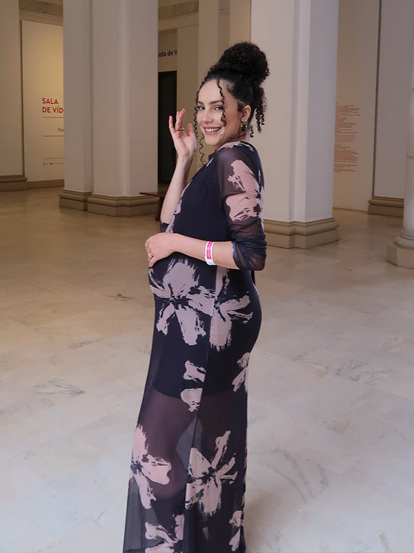 Momyknows Black Print Sheer Maternity Photoshoot Maxi Dress