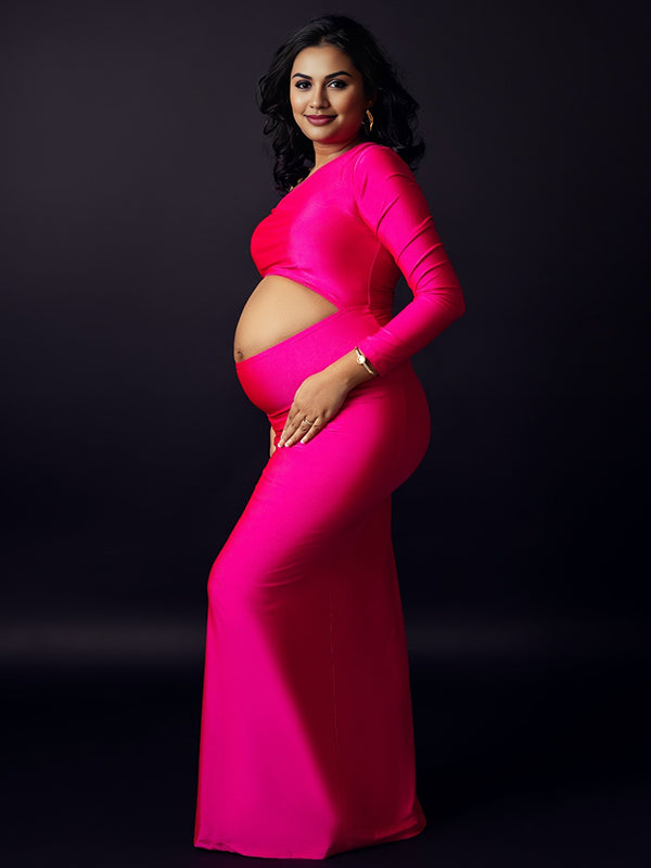 Momyknows Rose Carmine Oblique Shoulder Crop Ruched Maternity Photoshoot Maxi Dress