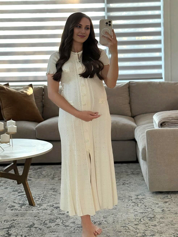 Momyknows White Single Breasted Tache Maternity Photoshoot Maxi Dress