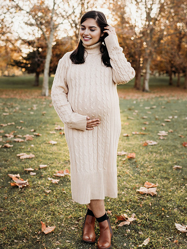 Momyknows White High Neck Side Slit Crochet Maternity Photoshoot Twisted-Knit Sweater Maxi Dress