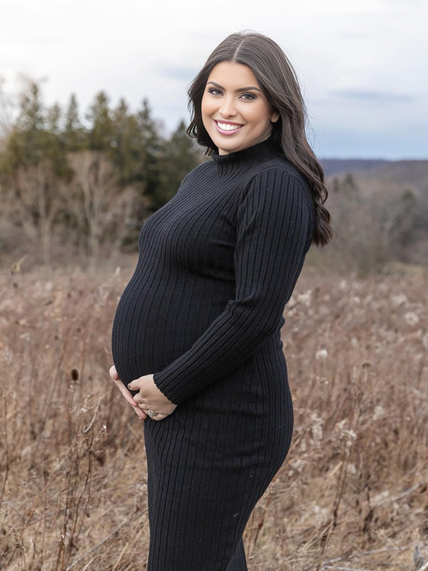 Momyknows Black Side Slit Crochet Maternity Photoshoot Sweater Maxi Dress