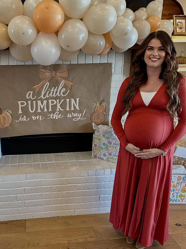 Momyknows Smocked Deep V Ruched Side Slit Maternity Baby Shower Maxi Dress