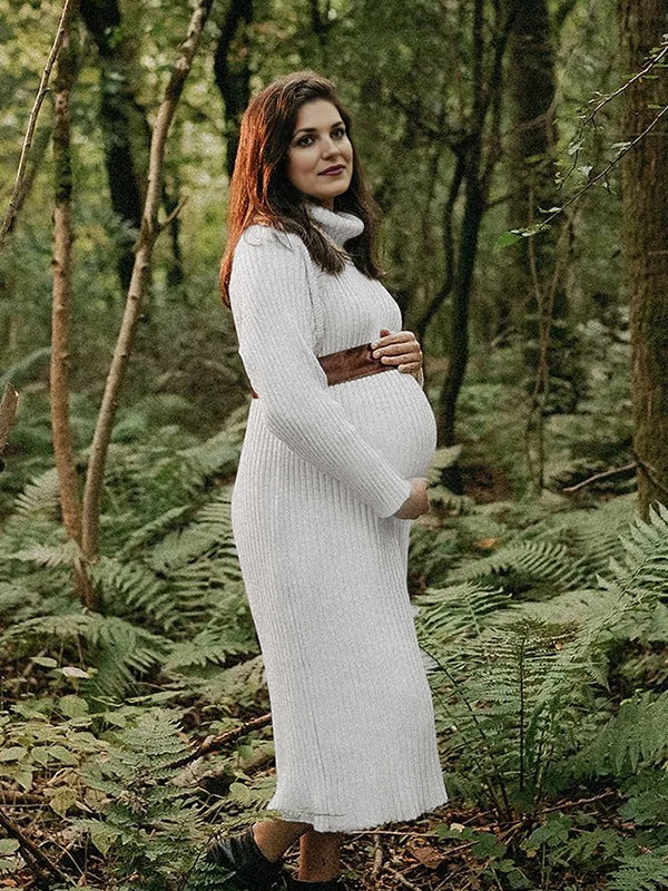 Momyknows White High Neck Side Slit Crochet Maternity Photoshoot Sweater Maxi Dress