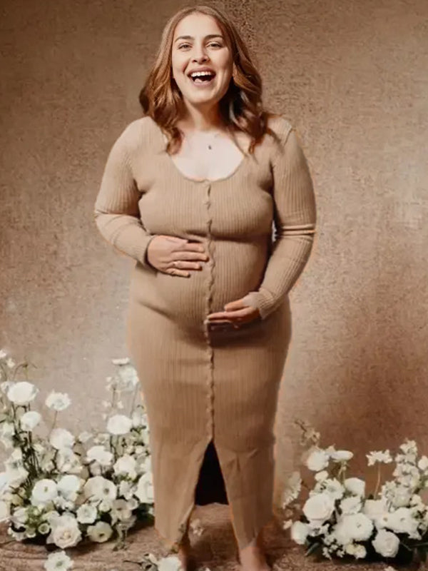 Momyknows Khaki Single Breasted Crochet Maternity Photoshoot Sweater Maxi Dress
