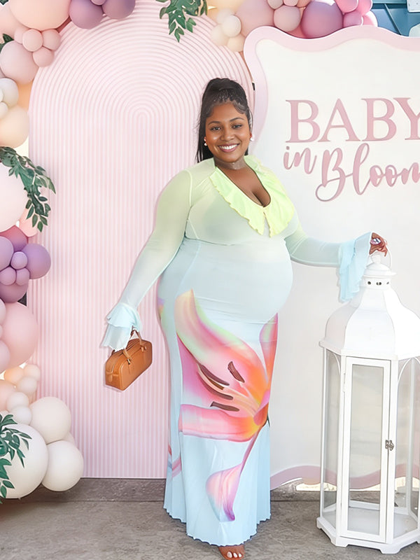 Momyknows Blue Print Mesh Falbal Gradient Color Maternity Baby Shower Maxi Dress