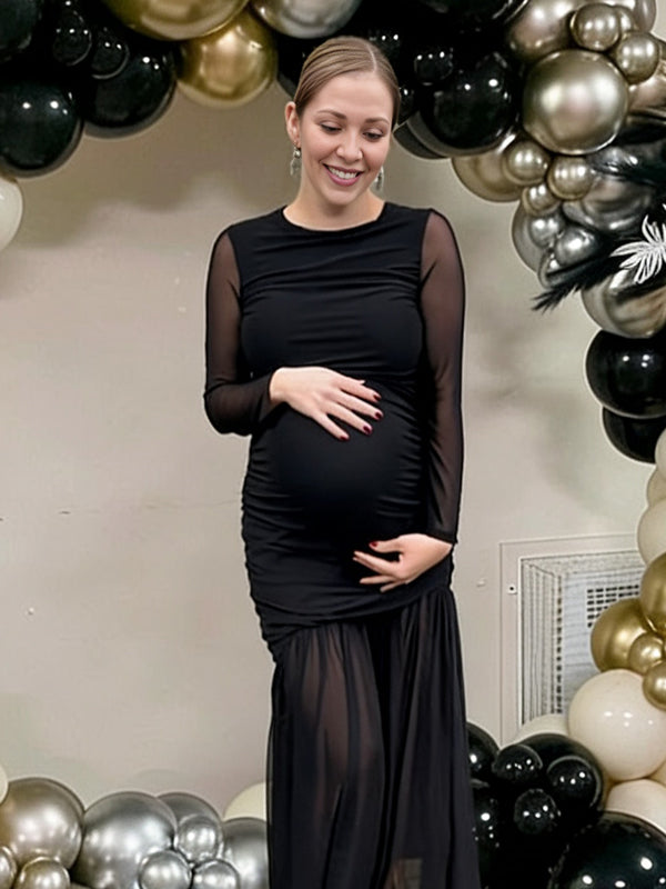 Momyknows Mesh Ruched Mermaid Sheer Maternity Baby Shower Maxi Dress
