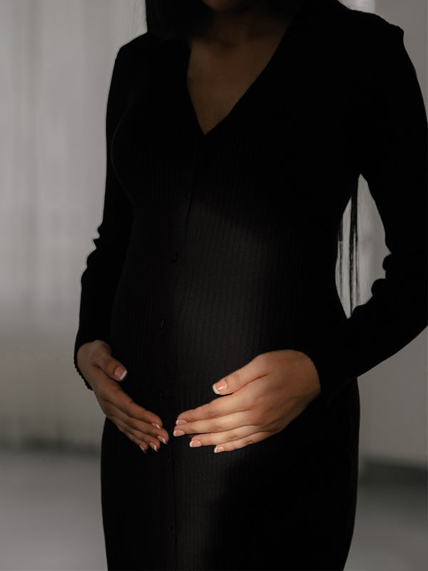 Momyknows Black Turndown Collar Crochet Striped Slit Comfy Maternity Photoshoot Maxi Dress